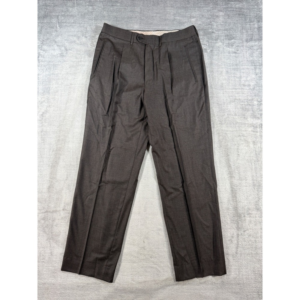 Vintage Pleated Dress Pants Mens 33x30 Brown Wool Micro Check Tailored Trousers